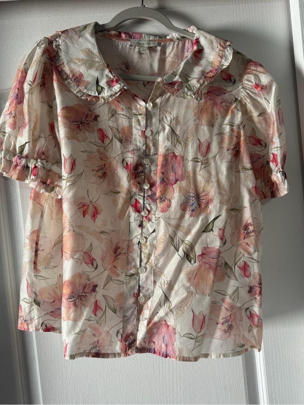 Lucky & Coco Floral Lace-Trim Short Sleeve Blouse SIZE L